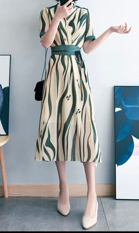 Green Waves Belted Dress