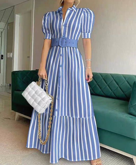 Striped Belted Shirt Dress – Blue/White