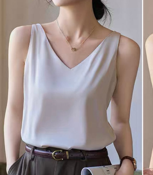 Elegant V-Neck Sleeveless Top light beige