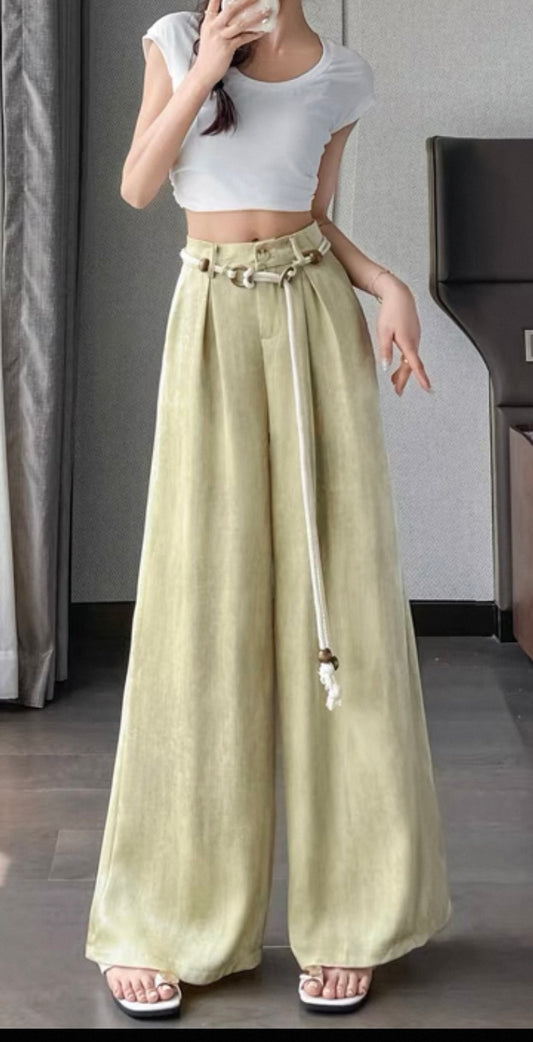 Wide-Leg Linen Blend Trousers – Pale Green