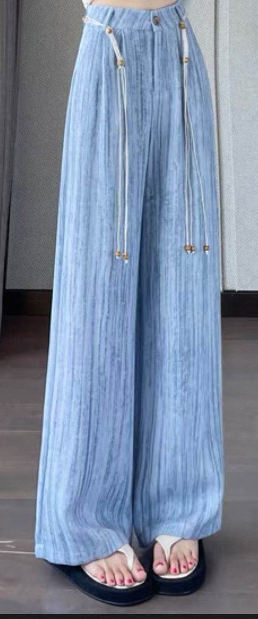 Wide-Leg Linen Blend Trousers – Light Blue