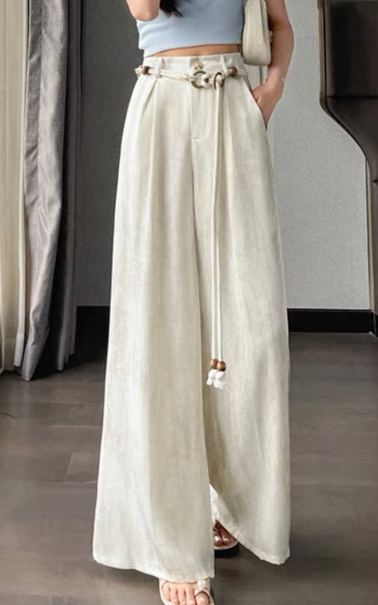 Wide-Leg Linen Blend Trousers – Cream