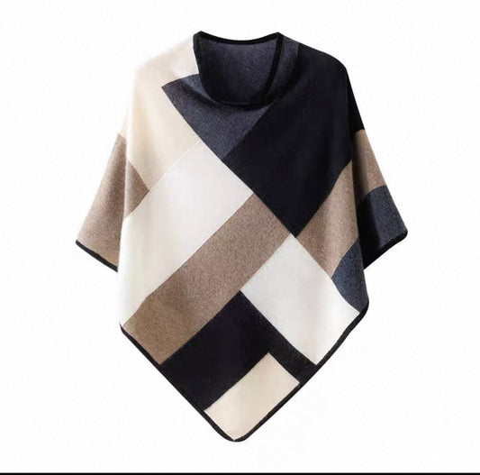 Geometric Colourblock Poncho – Taupe/Blac