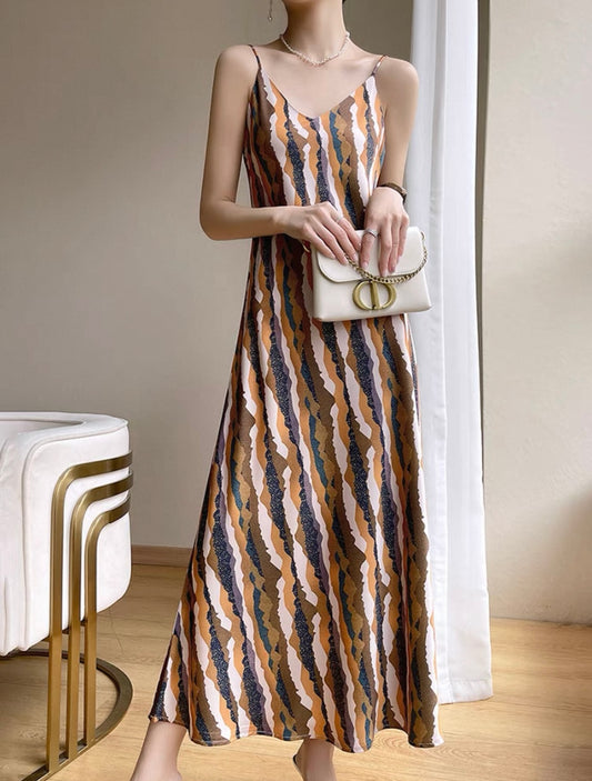 Retro Stripe Satin Slip Dress