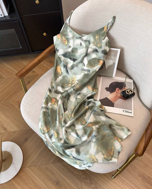 Abstract Brushstroke Satin Slip Dress – Green Tones