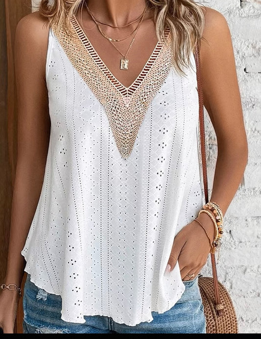 Crochet Lace V-Neck Top – White
