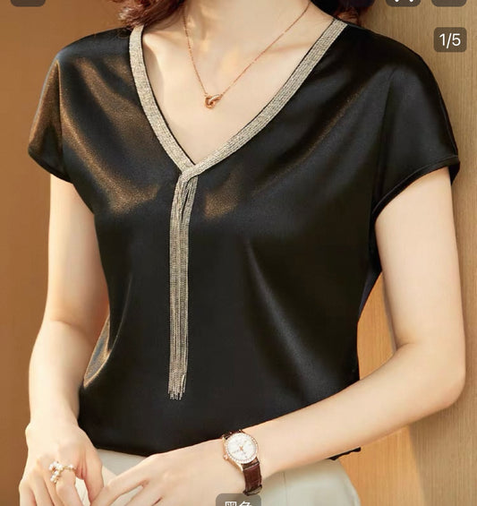 Satin Tee with Chain Detail – Black