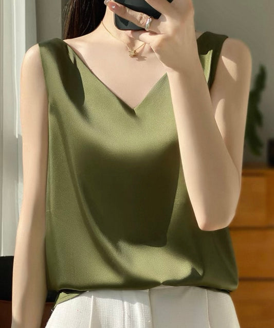 Satin V-Neck Tank – Olive