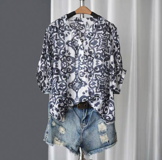 Linen Print Shirt – Navy Mosaic