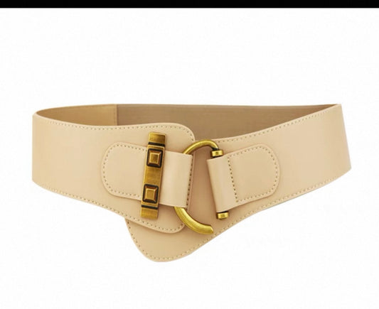 Wide Elastic Belt – Beige with Gold Clasp