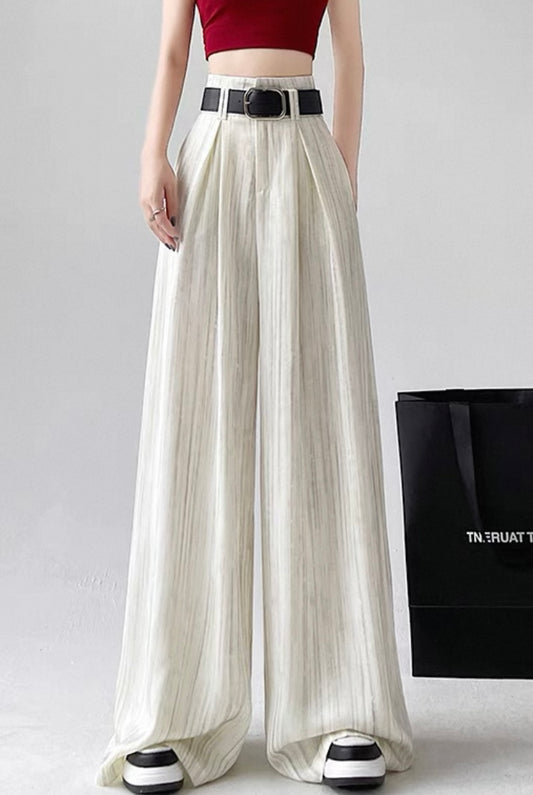 Cream Pleated Linen-Look Trousers with belt