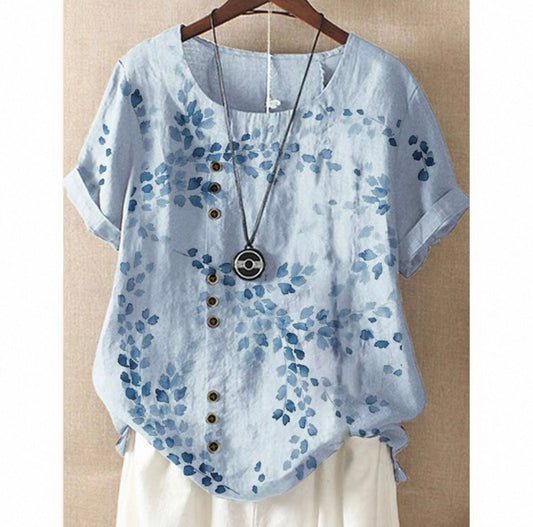 Blue Linen Floral Button Blouse