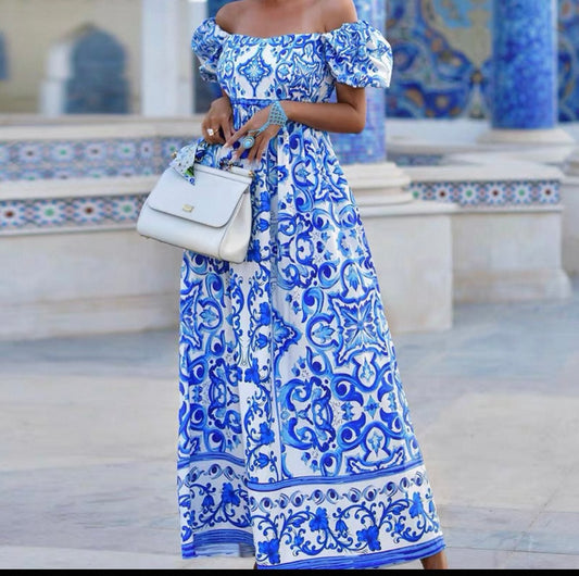 Off-Shoulder Mediterranean Tile Dress