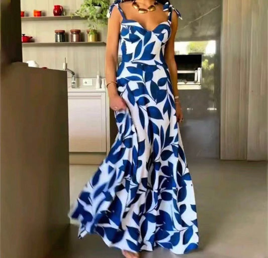Blue Leaf Print Maxi Dress