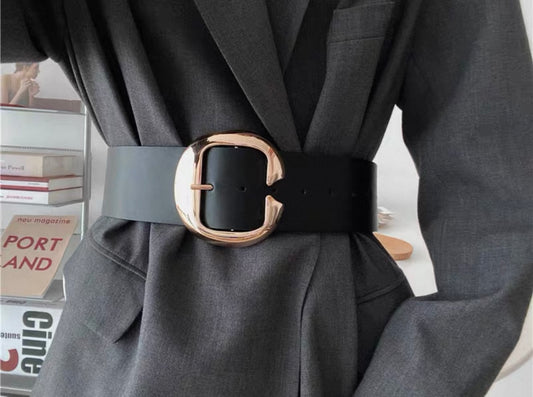 Wide Belt with Oversized Metallic Buckle