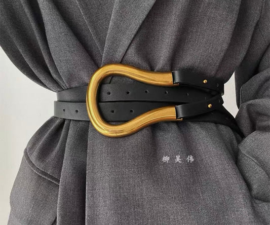 Double-Layer Belt with Gold Wooden-Style Buckle