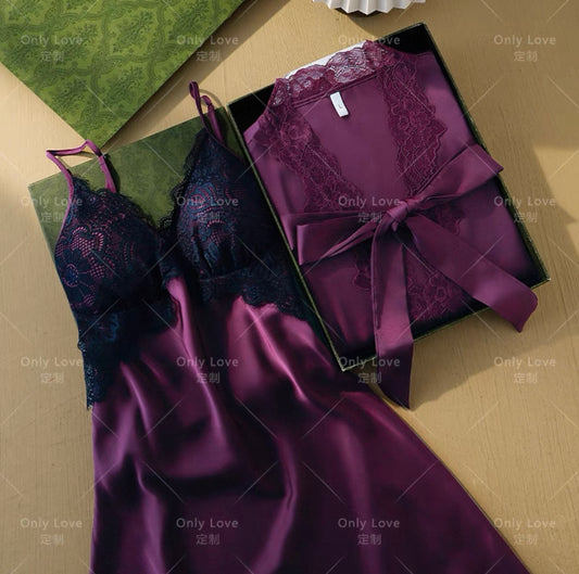 Burgundy Lace & 100% silk Nightwear Set