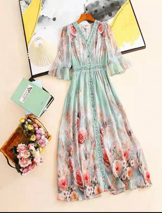 Mint Floral Chiffon Dress