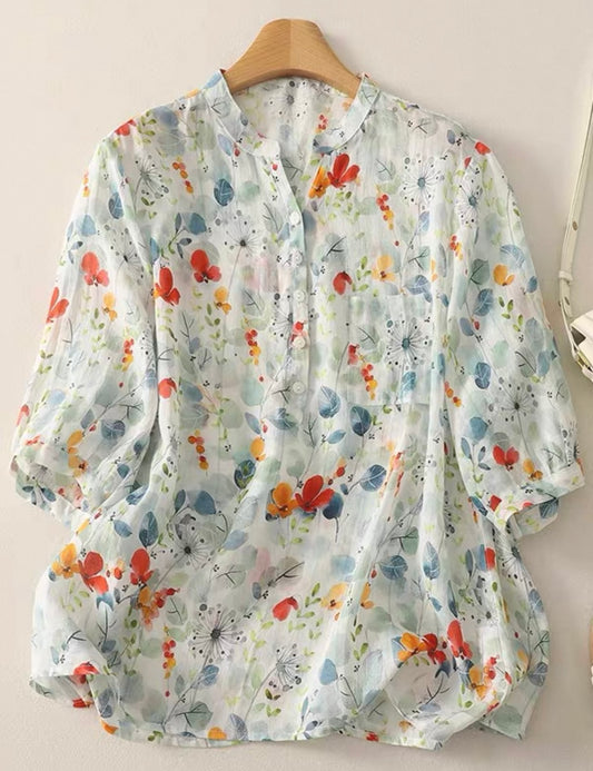 Soft Blue Botanical Print Blouse