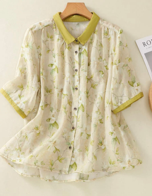 Linen Floral Shirt with Yellow Trim