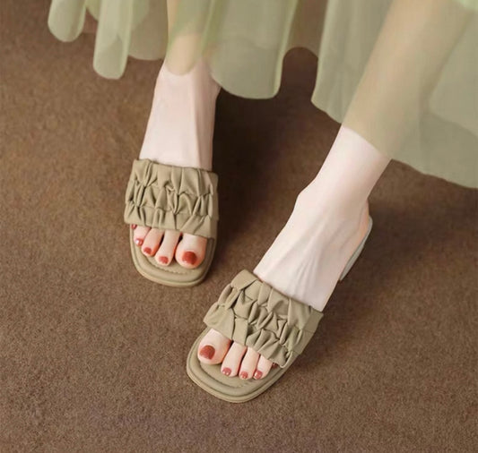 Ruched Khaki Flat Slides