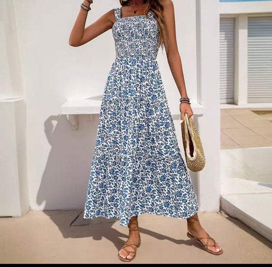 Blue & White Floral Smocked Midi