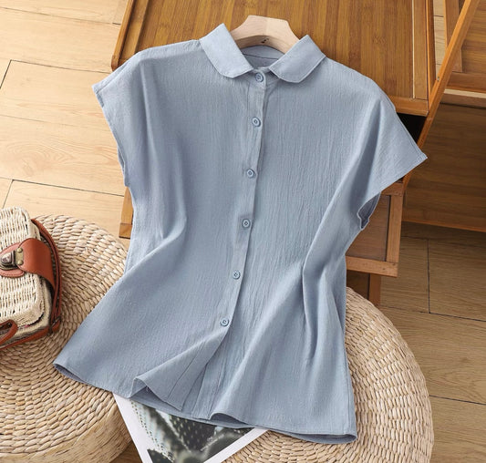 Light Blue Button-Up Cap Sleeve Blouse