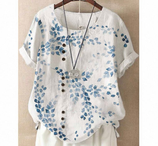 Linen Top with Blue Floral Print and Asymmetric Buttons