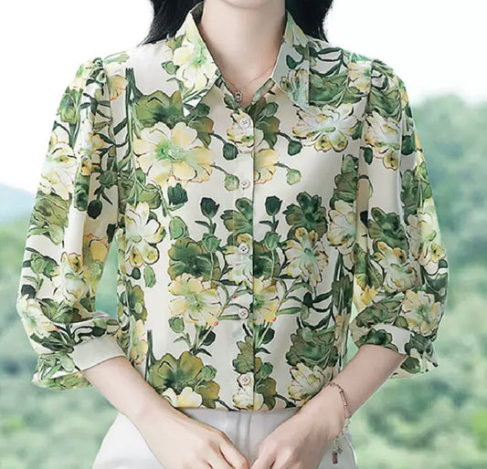 Floral Satin Blouse – Green & Lemon