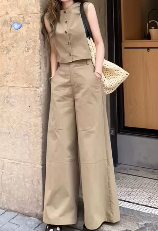 Sleeveless Co-ord Set – Khaki Beige