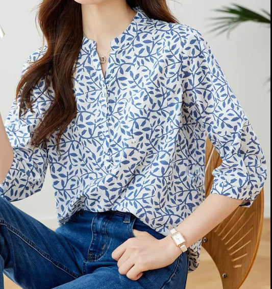Printed Cotton Blouse – Blue Leaf Pattern