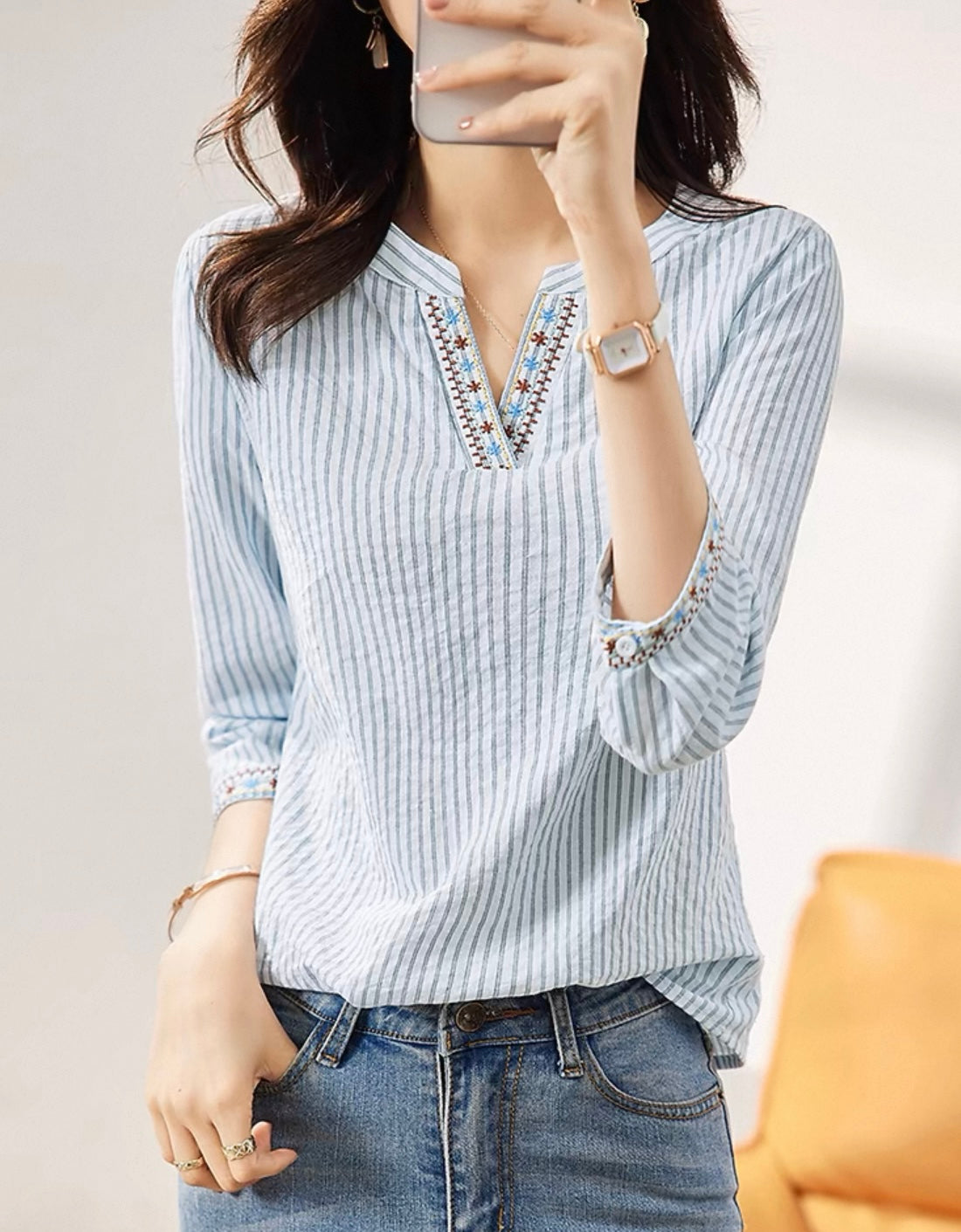 Striped Light Blue Blouse with Embroidery