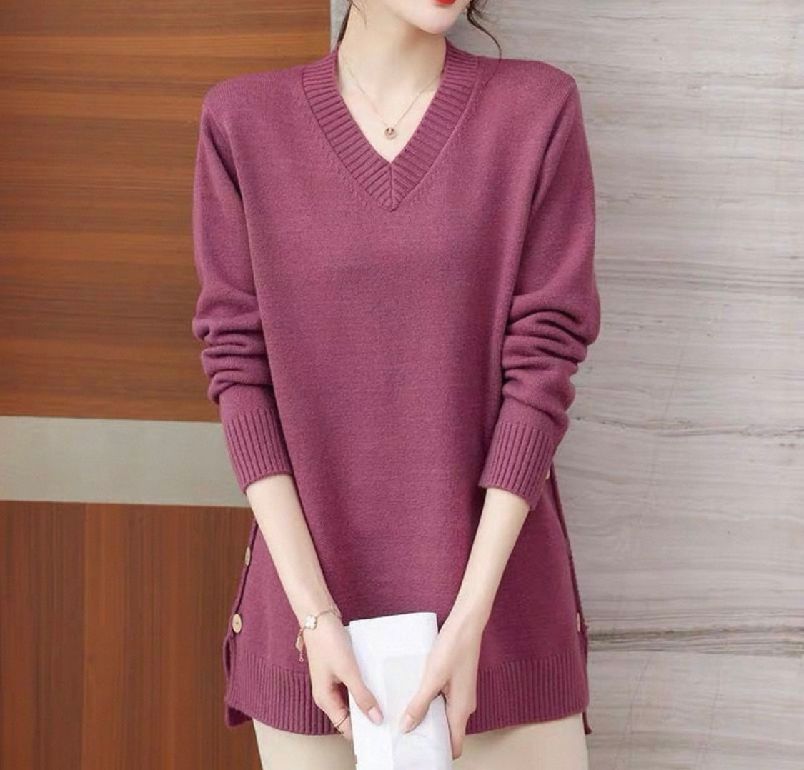 V-Neck Knit with Side Buttons