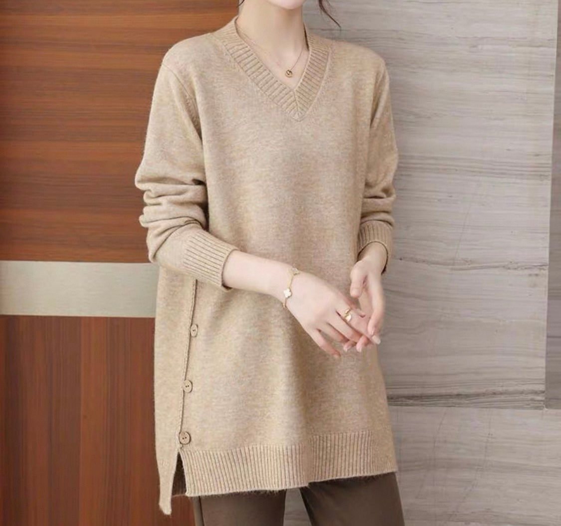 V-Neck Knit with Side Buttons