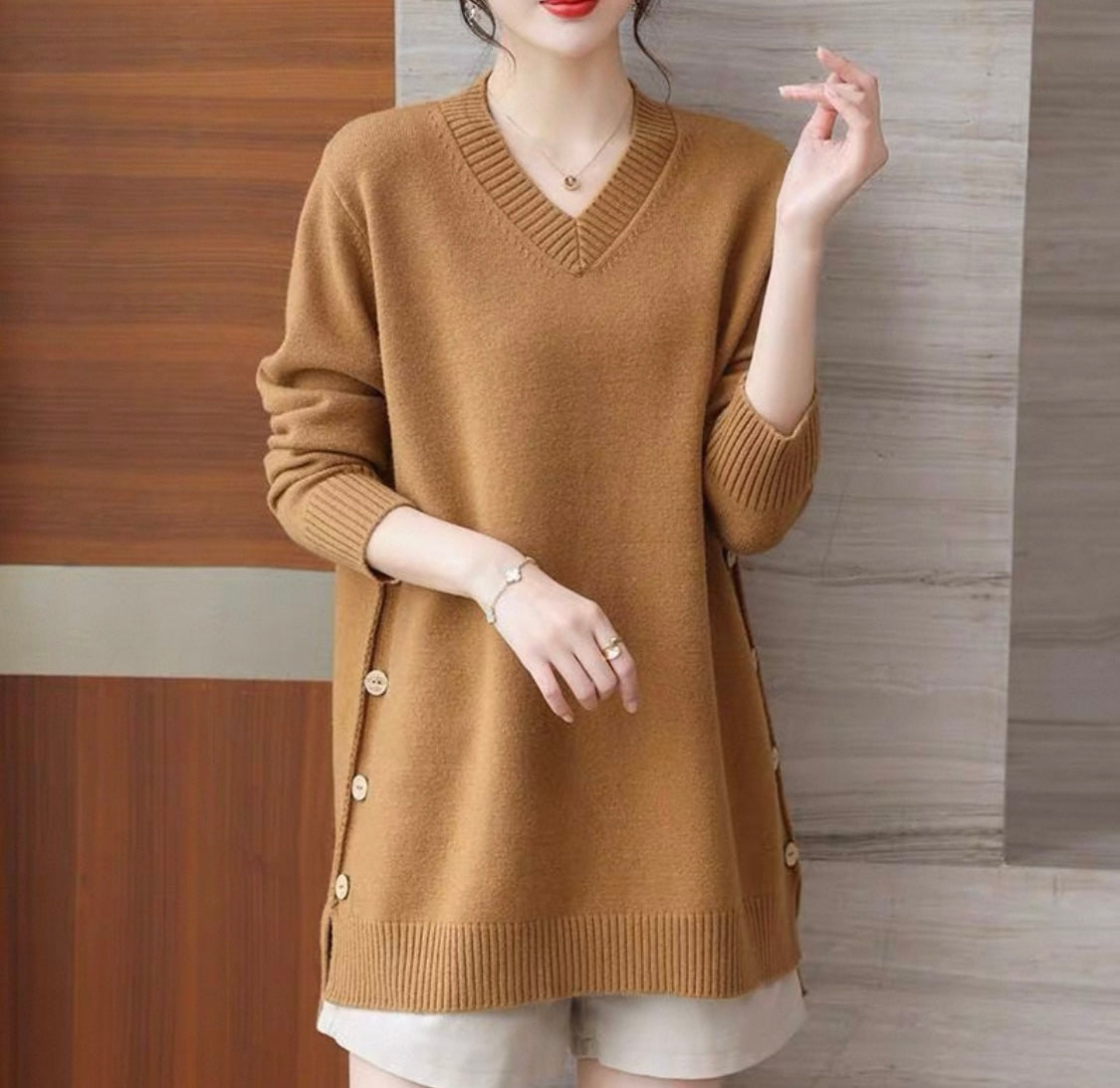 V-Neck Knit with Side Buttons