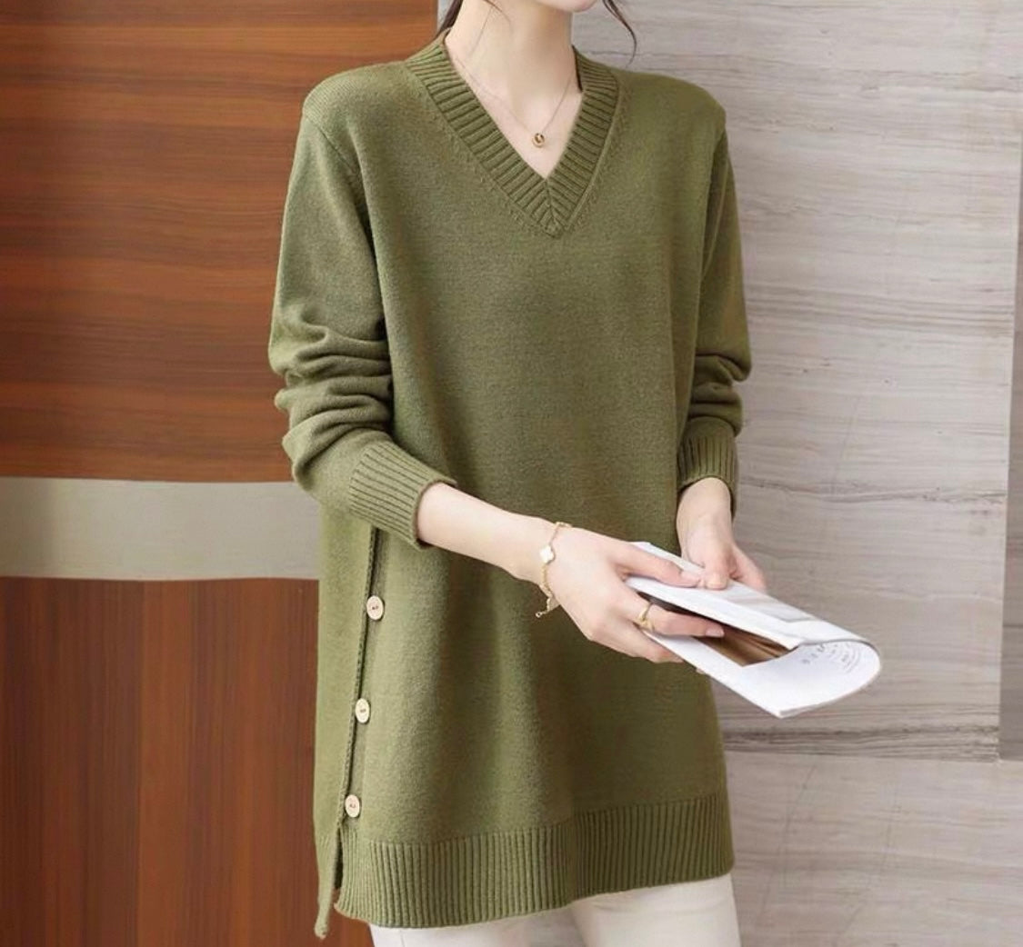 V-Neck Knit with Side Buttons