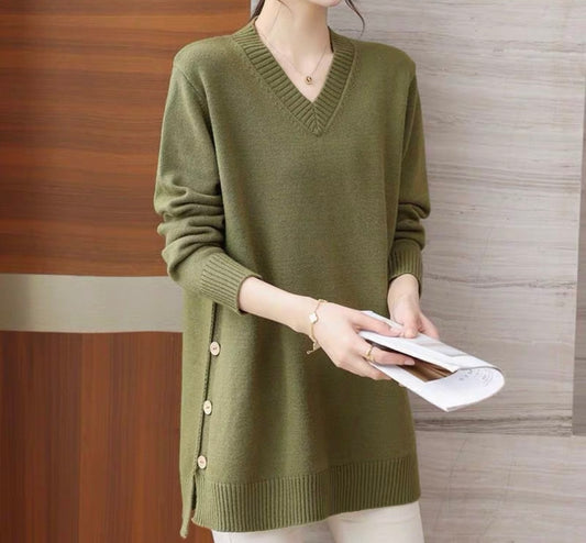 V-Neck Knit with Side Buttons