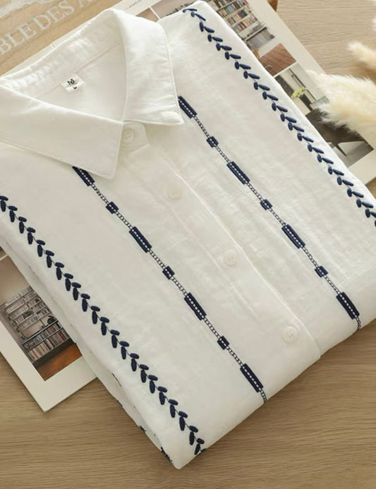 White Shirt with Navy Embroidery