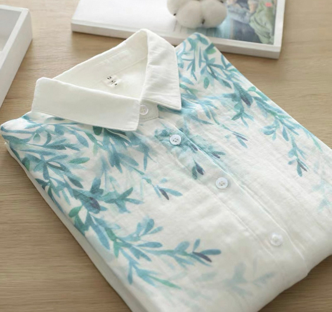 White Shirt with Watercolour Leaf Print