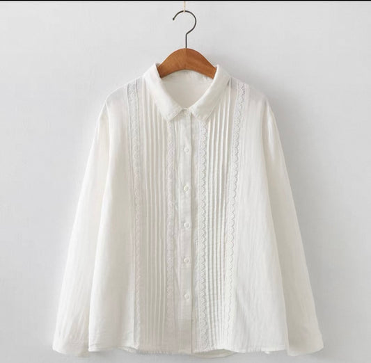 White Pintuck Blouse with Lace Trim