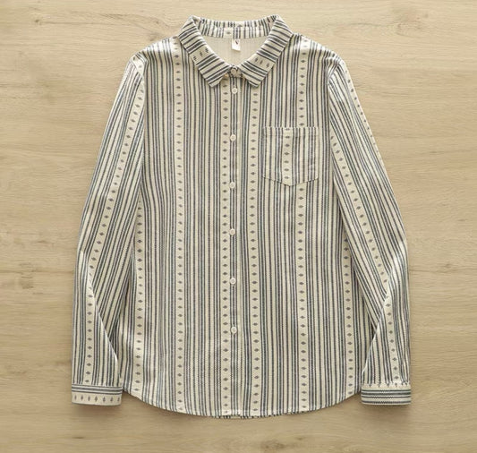 Cream & Navy Patterned Striped Blouse