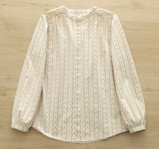 Cream Vintage-Inspired Floral Blouse