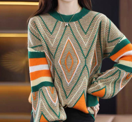 Geometric Retro Knit in Green & Orange