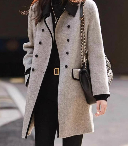 Double-Breasted Wool Coat – Grey with Black Trim