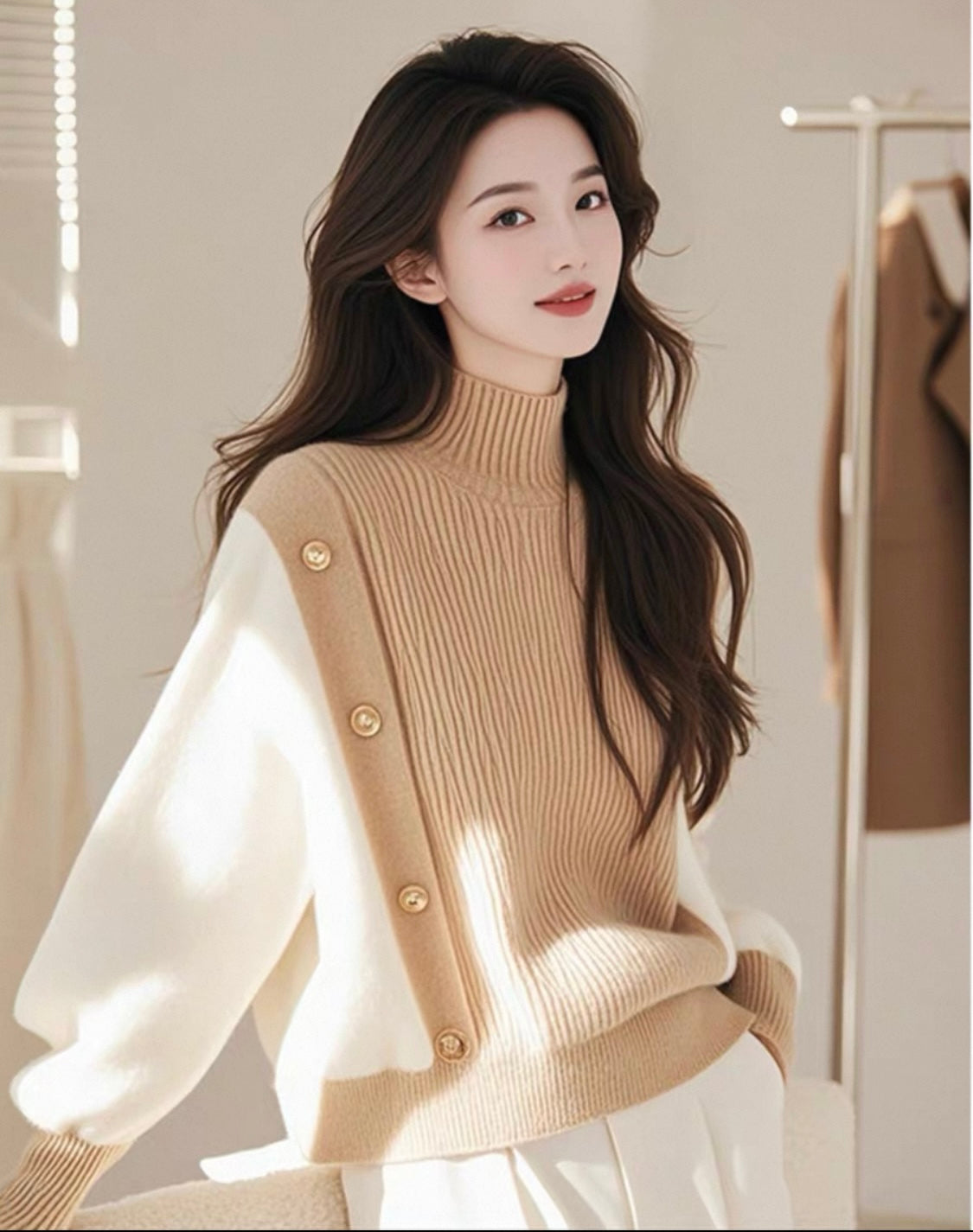 Two-Tone Ribbed Sweater with Gold Buttons