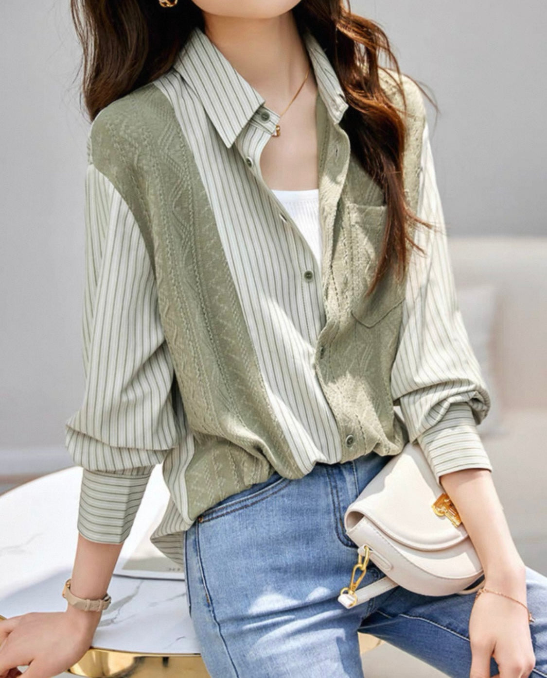Sage Green Blouse with Stripes and Texture