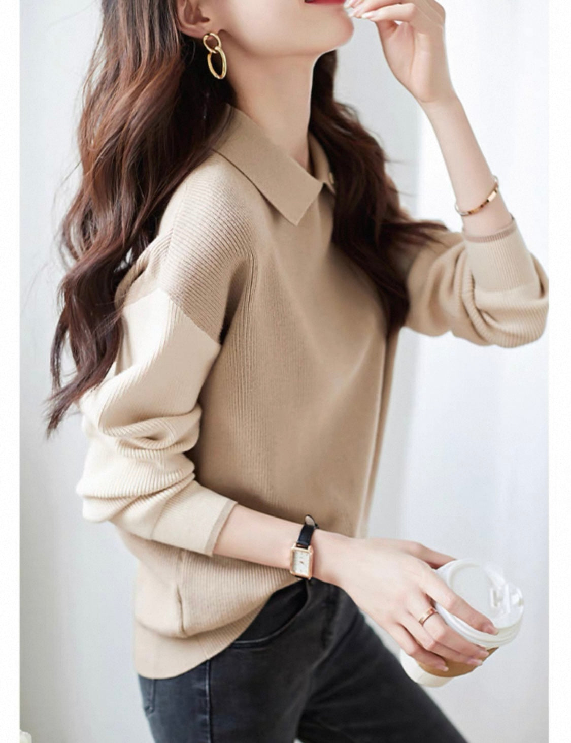 Polo Knit Top – Two-Tone Beige