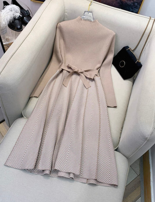 Knit Dress with Bow Waist & Chevron Skirt
