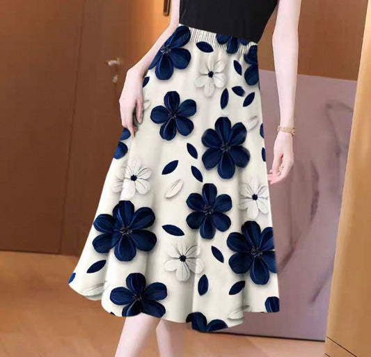 Ivory Midi Skirt with Navy 3D Flowers