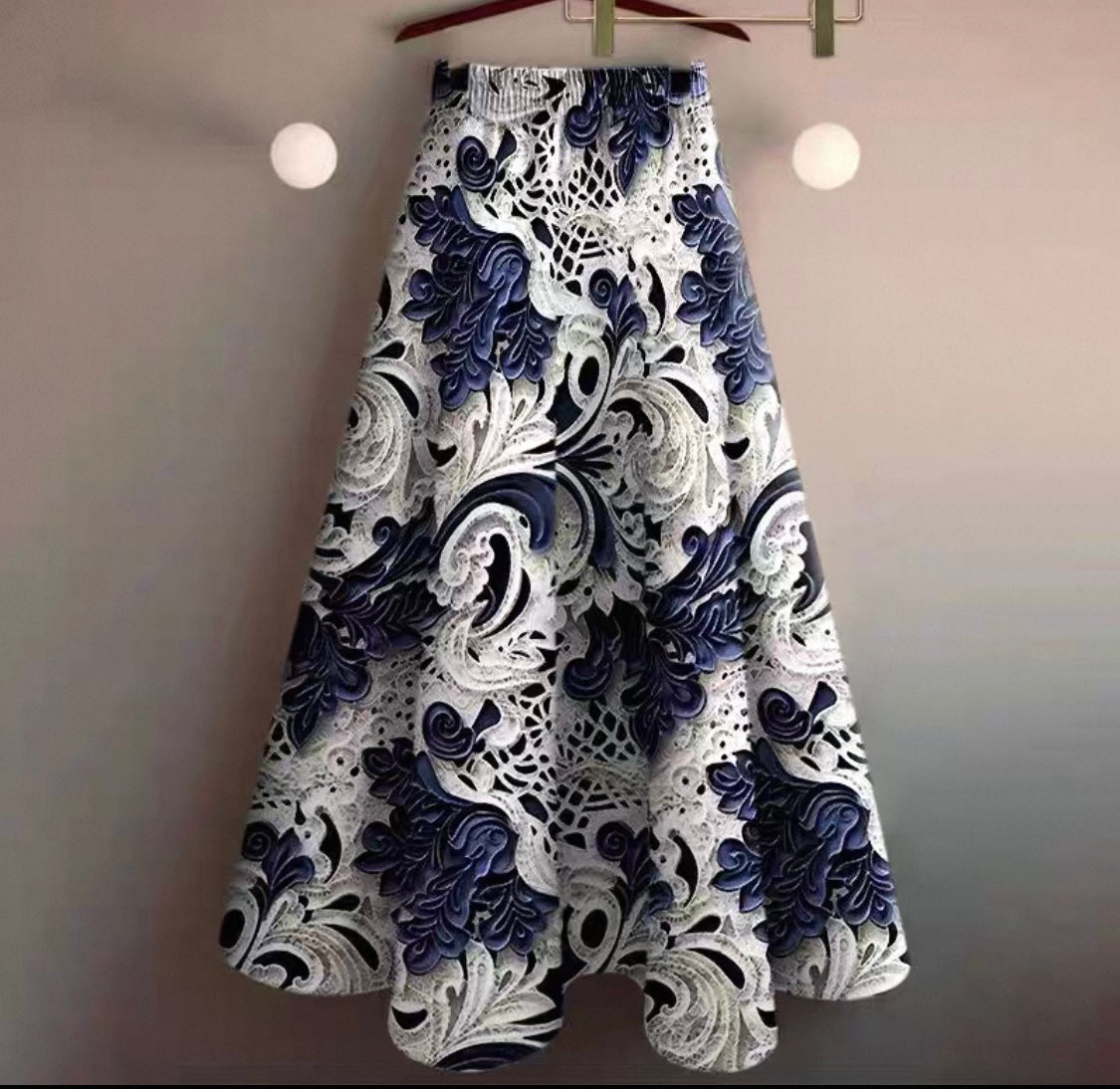 A-Line Skirt – Navy & White Baroque Floral
